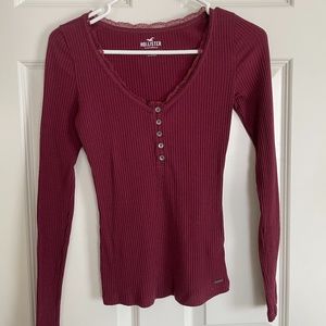 Maroon Ribbed Long Sleeved Henley Teeshirt